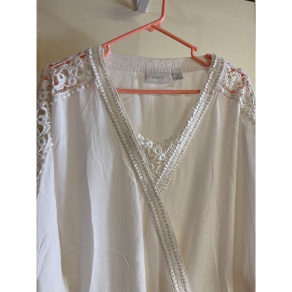 Chicos White Crochet Trim Wrap Style Blouse Size 2 Elegant & Breezy Top - Picture 2 of 8